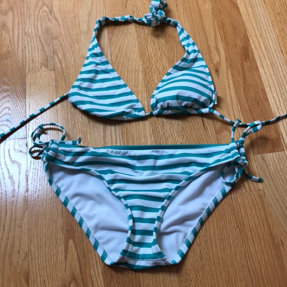 green and white striped bikini